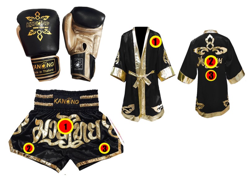 Kanong Custom Muay Thai Bundle (Gloves, Shorts, Robe) : Black Lai Thai